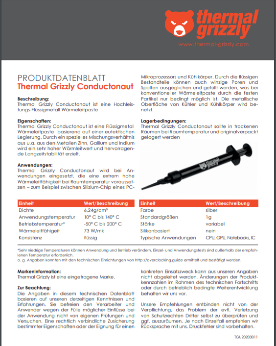 Thermal Grizzly Conductonaut Sıvı Metal 73 W / (M · K) 1gr - Görsel 3